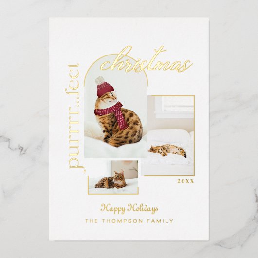 Purrrr..fectクリスマスおもしろい&居心地の良い猫3枚の写真 箔シーズンカード (正面)