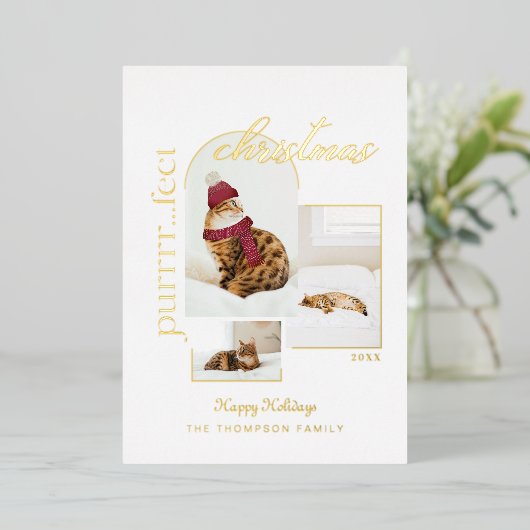 Purrrr..fectクリスマスおもしろい&居心地の良い猫3枚の写真 箔シーズンカード (立ち正面)