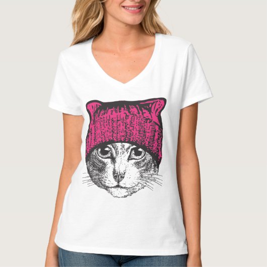 Pussyhatの猫の抗議レディースV首のワイシャツ Tシャツ (正面)