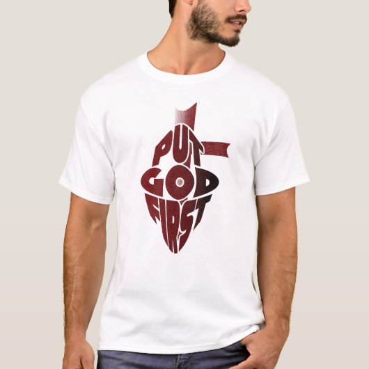 Put God First Retro Christian T-Shirt | Faith Typo Tシャツ (正面)