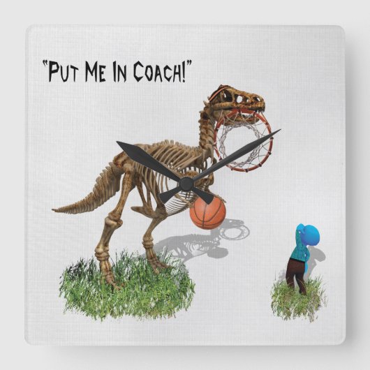 "Put Me in Coach" Dinosaur Art スクエア壁時計 (正面)