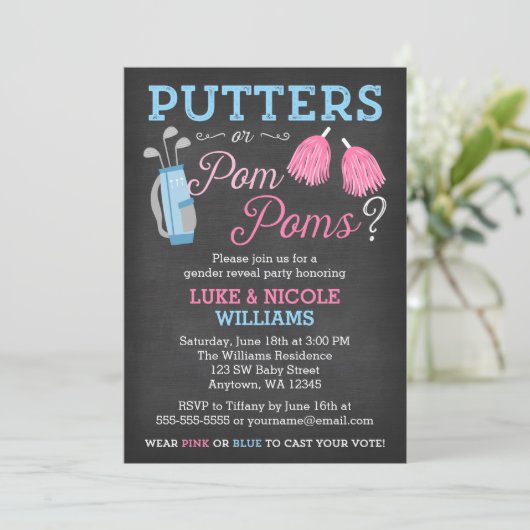 PuttersまたはPom Pomsジェンダーの表示パーティの招待状 招待状 (スタンド正面)