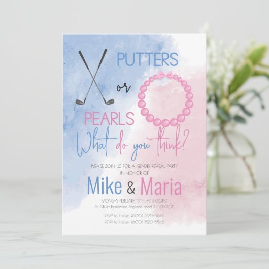 Putters or Pearls gender reveal invitation 招待状 (スタンド正面)