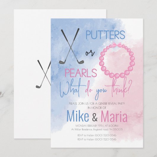 Putters or Pearls gender reveal invitation 招待状 (正面/裏面)