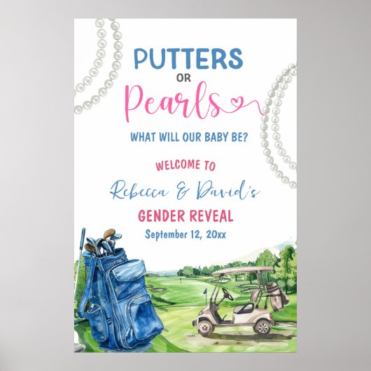 Putters or Pearls Gender Reveal Welcome Sign ポスター (正面)