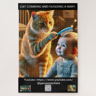 PUZZLE OF A CAT COMBING AND HUGGING A BABY. ジグソーパズル