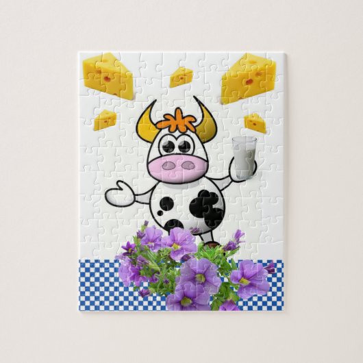 Puzzles White and Blue Plaid Cow Milk Cheese ジグソーパズル (縦)