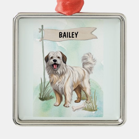 Pyrenean Shepherd Watercolor Personalized Dog メタルオーナメント (正面)