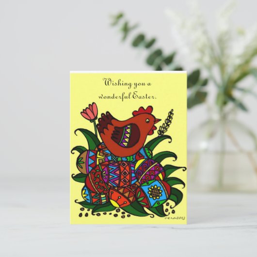 Pysankyおよび雌鶏のウクライナの民芸 シーズンポストカード (スタンド正面)