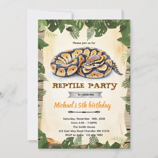 Python reptile birthday party invitation 招待状 (正面)