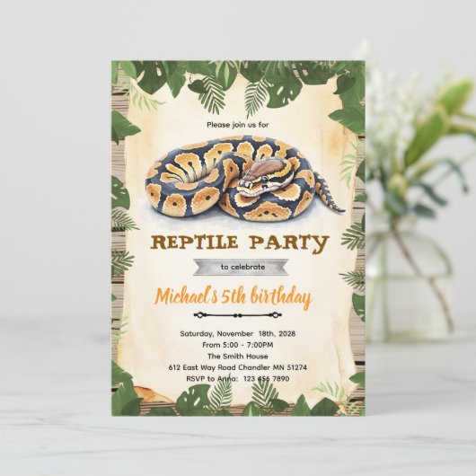Python reptile birthday party invitation 招待状 (スタンド正面)
