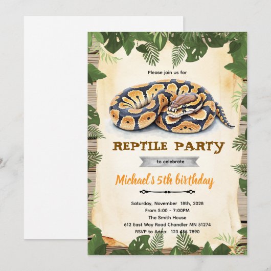 Python reptile birthday party invitation 招待状 (正面/裏面)