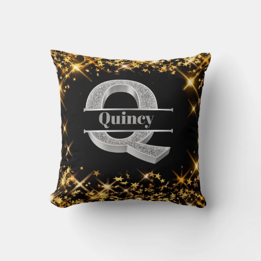Qイニシャルパーソナライズされたシルバーモノグラムあなたの名前 クッション (正面)