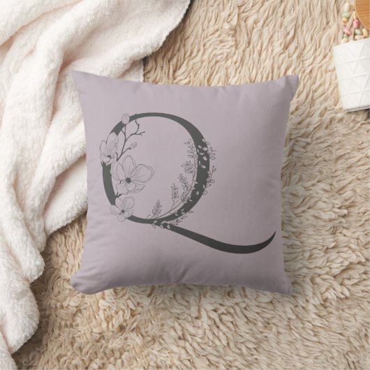 Qボホエレガントフローラモノグラムイニシャル薄紫グレー クッション (ブランケット)