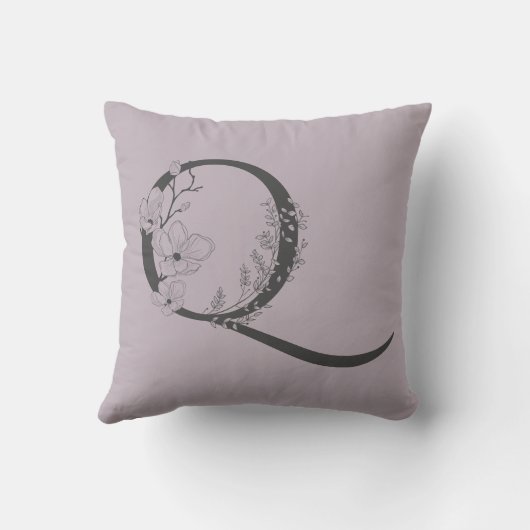 Qボホエレガントフローラモノグラムイニシャル薄紫グレー クッション (裏面)