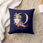 Qレター金ゴールドモノグラムピンクホワイトマゼンタフローラ クッション (ブランケット)