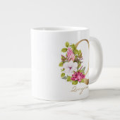 Qレター金ゴールドモノグラムピンクホワイトマゼンタフローラ ジャンボコーヒーマグカップ (正面右)