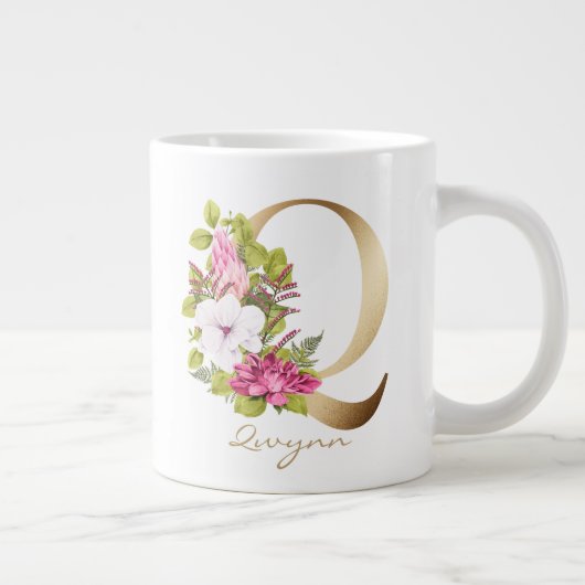 Qレター金ゴールドモノグラムピンクホワイトマゼンタフローラ ジャンボコーヒーマグカップ (右)