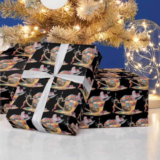 Q.かわいいネズミのお茶カップクリスマス ラッピングペーパー (クリスマス)