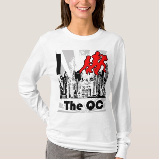 QC FMの白のフード付を走って下さい Tシャツ (正面)