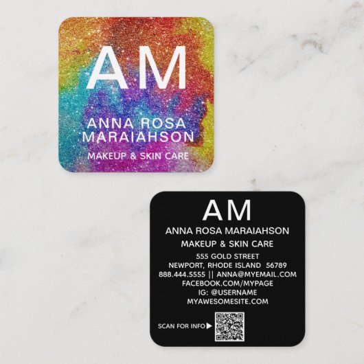 *~* QRはっきりした抽象芸術アートグリッターロゴフォト スクエア名刺 (正面/裏面)