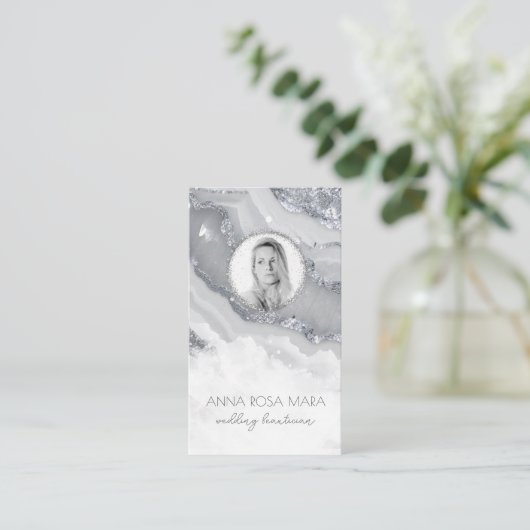 *~* QRアゲート大理石フォトロゴSILVER AP66グレー 名刺 (スタンド正面)