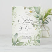 QRウォーターカラーゴールデングリーンリーフ誕生日 招待状 (スタンド正面)