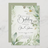 QRウォーターカラーゴールデングリーンリーフ誕生日 招待状 (正面/裏面)