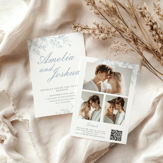 QRエレガントコードとフランスのフローラ写真コラージュ 招待状