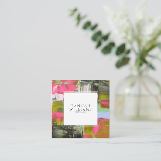 QRエレガントコードカラフル抽象芸術絵を描パターン スクエア名刺 (スタンド正面)