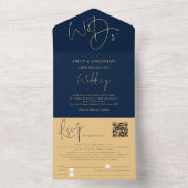 QRエレガントコード海軍金ゴールドの結婚実行 オールインワン招待状 (内側)