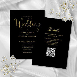 QRエレガントコーモダンドの黒と金ゴールド結婚の 招待状