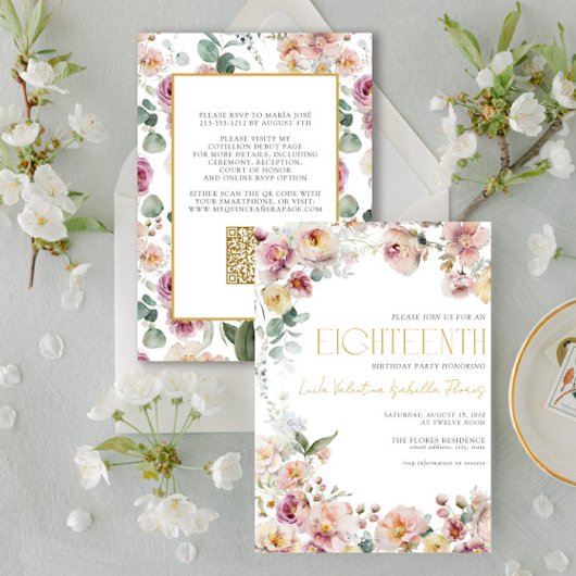 QRエレガントヴィンテージピンク金ゴールドフローラ18番目 招待状