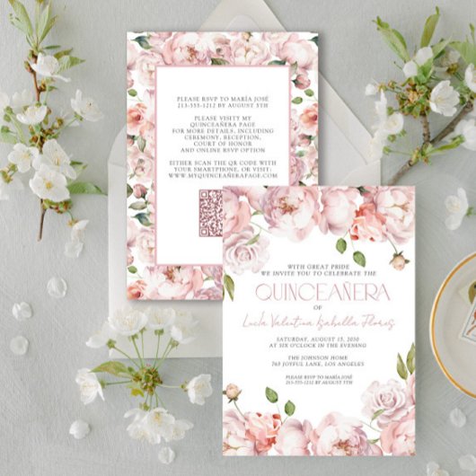 QRエレガント赤面ピンクフローラキンセアニェラ 招待状