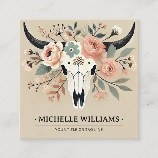 QRコエレガントード付きBohoウエスタンブル牛スカル スクエア名刺 (正面)