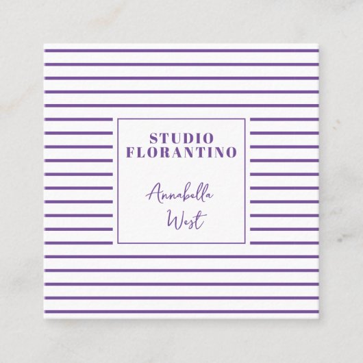 QRコモダンード付き四角ストライプ紫色の スクエア名刺 (正面)