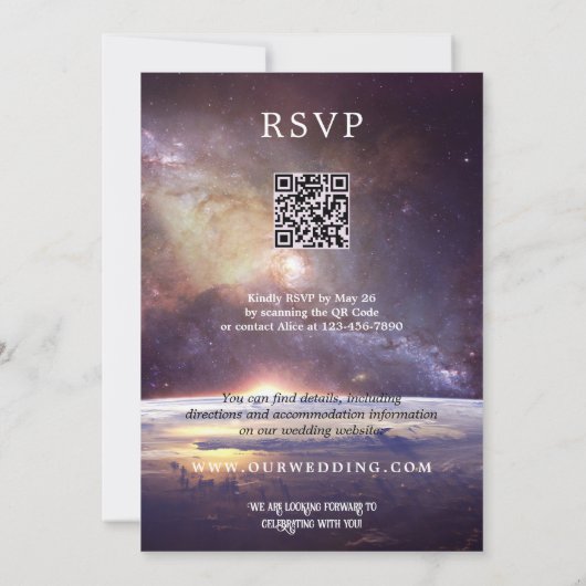QRコーお洒落ドSci-fi UFO宇宙結婚 招待状 (裏面)
