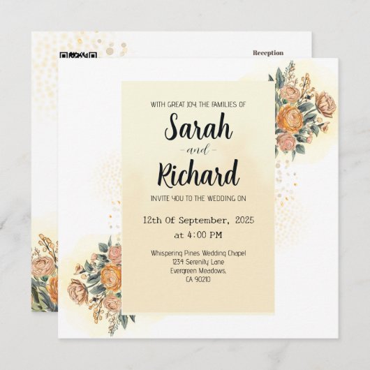 QRコーエレガントドを使用したフローラ結婚式招待状 招待状 (正面/裏面)