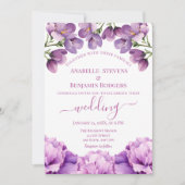 QRコーエレガントドを使用した薄紫紫の結婚フローラ 招待状 (正面)