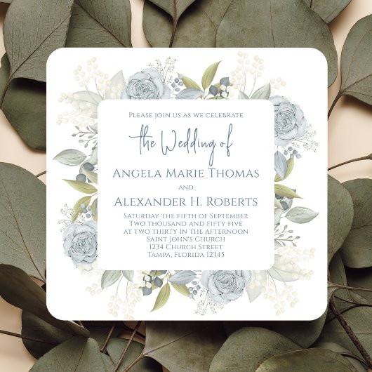 QRコーエレガントドオンラインRSVP水彩青バラ 招待状