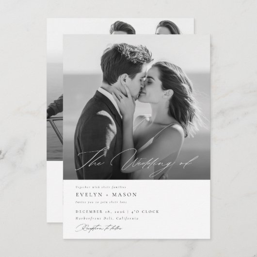 QRコーエレガントドフォト予算のスクリプ結婚ト 招待状 (正面/裏面)