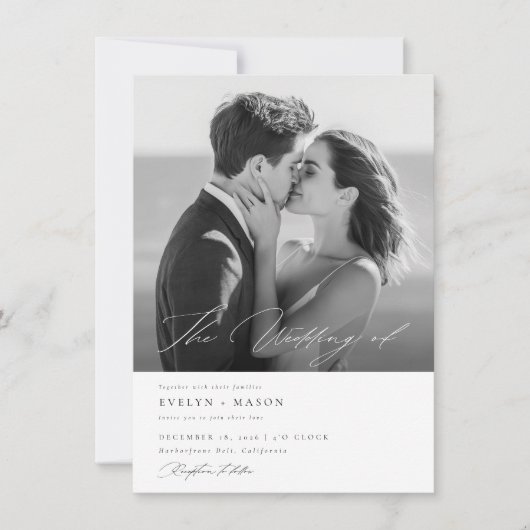 QRコーエレガントドフォト予算のスクリプ結婚ト 招待状 (正面)