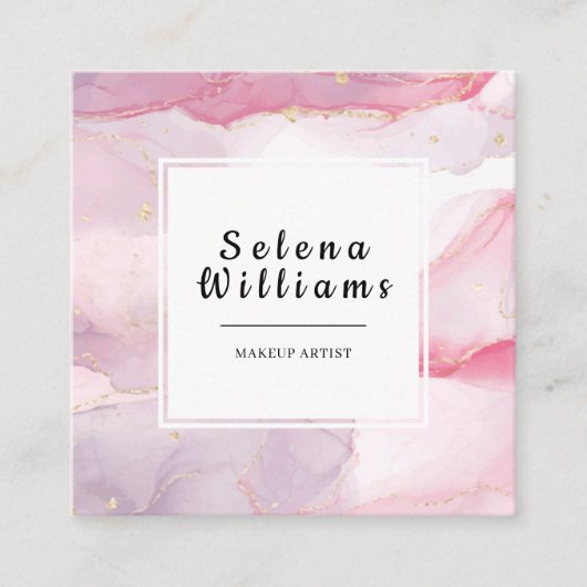 QRコーエレガントド付きピンク色の正方形デザイン スクエア名刺 (正面)