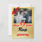 QRコーエレガントド付き金ゴールドフォトウェディングRSVPカード 出欠カード (正面)