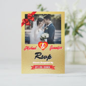 QRコーエレガントド付き金ゴールドフォトウェディングRSVPカード 出欠カード (スタンド正面)