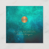 QRコーエレガントド緑水色モノグラムの スクエア名刺 (正面)