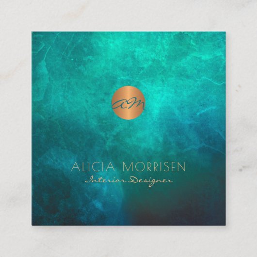 QRコーエレガントド緑水色モノグラムの スクエア名刺 (正面)