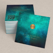 QRコーエレガントド緑水色モノグラムの スクエア名刺