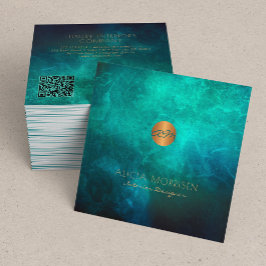 QRコーエレガントド緑水色モノグラムの スクエア名刺