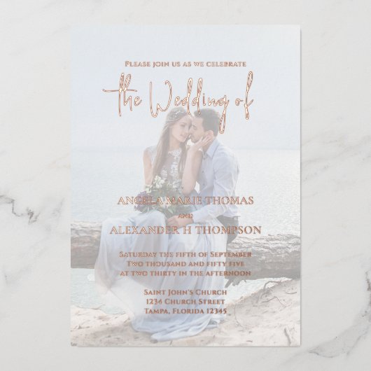 QRコーエレガントドRSVP写真テンプレート 箔招待状 (正面)